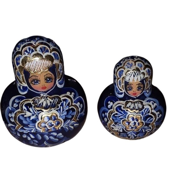 8 Nesting Dolls Russian Matryoshka Blue Gold Hand-Painted Artisan Signed - Picture 6 of 16